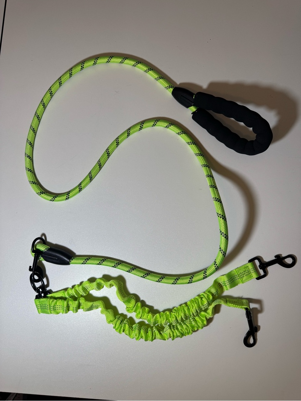 Neon Green Reflective Double Dog Leash with Padded Handle